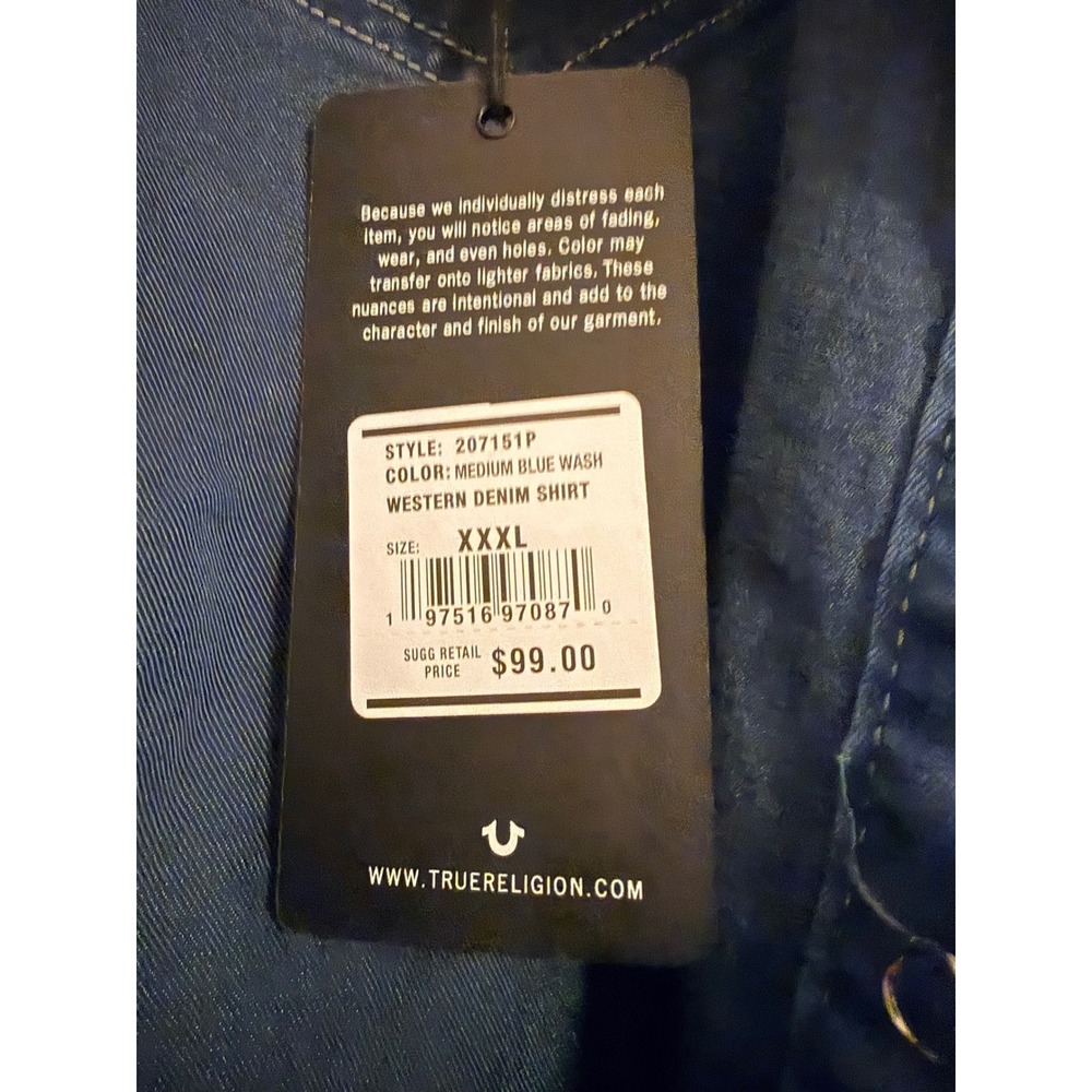 True Religion Womens Western Denim Shirt Medium Blue Wash Snap Front XXXL - Picture 2 of 6